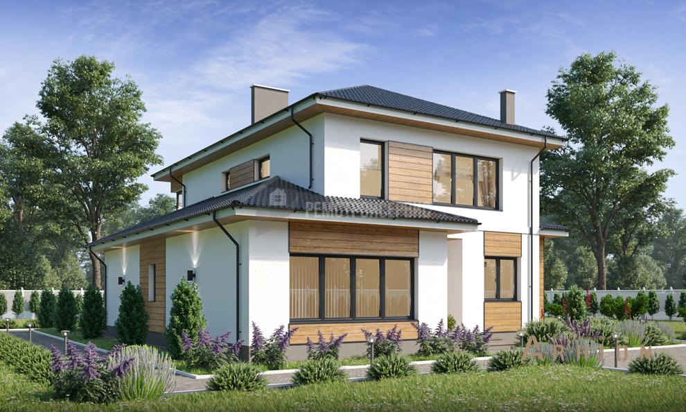 2. Проект двухэтажного дома в немецком стиле с четырехскатной, t-52-01, площадью - 195 кв c терассой, балконом